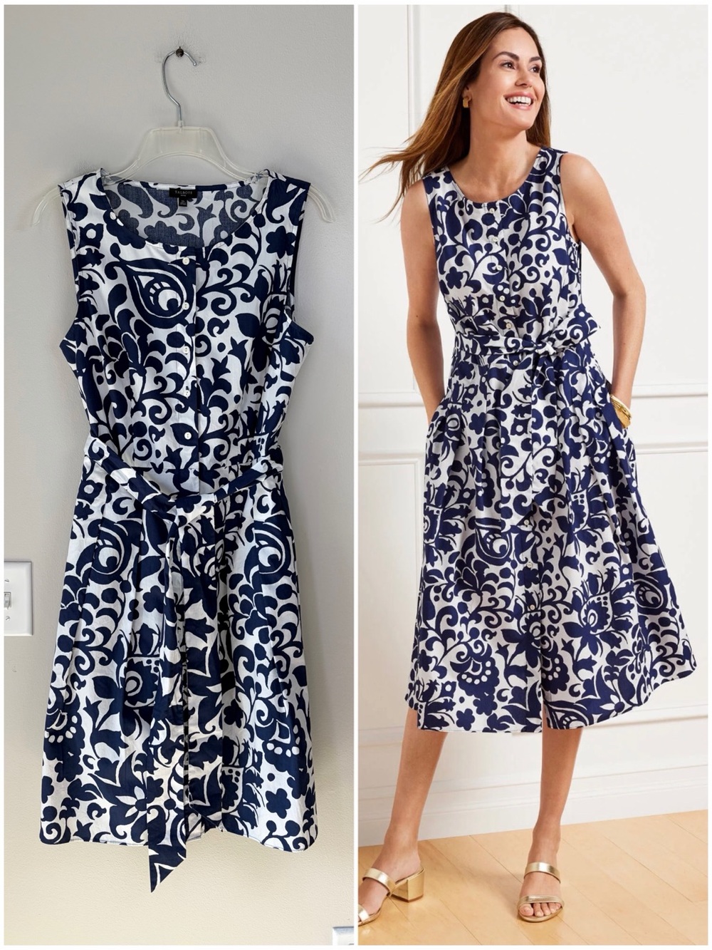 Talbots Navy and White Patterned Crisp Cotton Button Front Poplin Dress Sz 10P